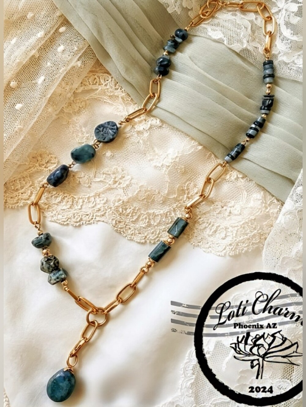 Genuine Emerald  In Free Form Assymetrical Design With Paperclip Chain Necklace